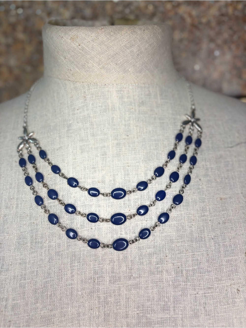 Vintage Avon Cobalt Blue Multi Strand Bib Necklace Earrings Set Silver Tone